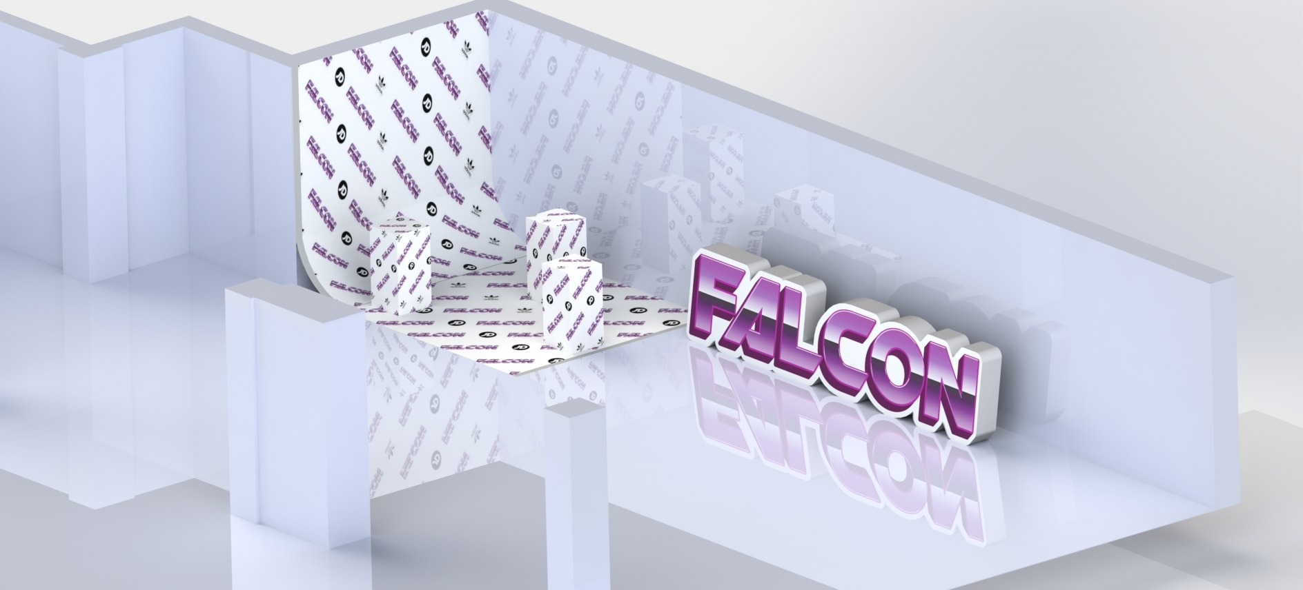 Photorealistic 3D concept render of bold purple 'FALCON' signage within an architectural mock-up, showing material finishes and reflections for design review.