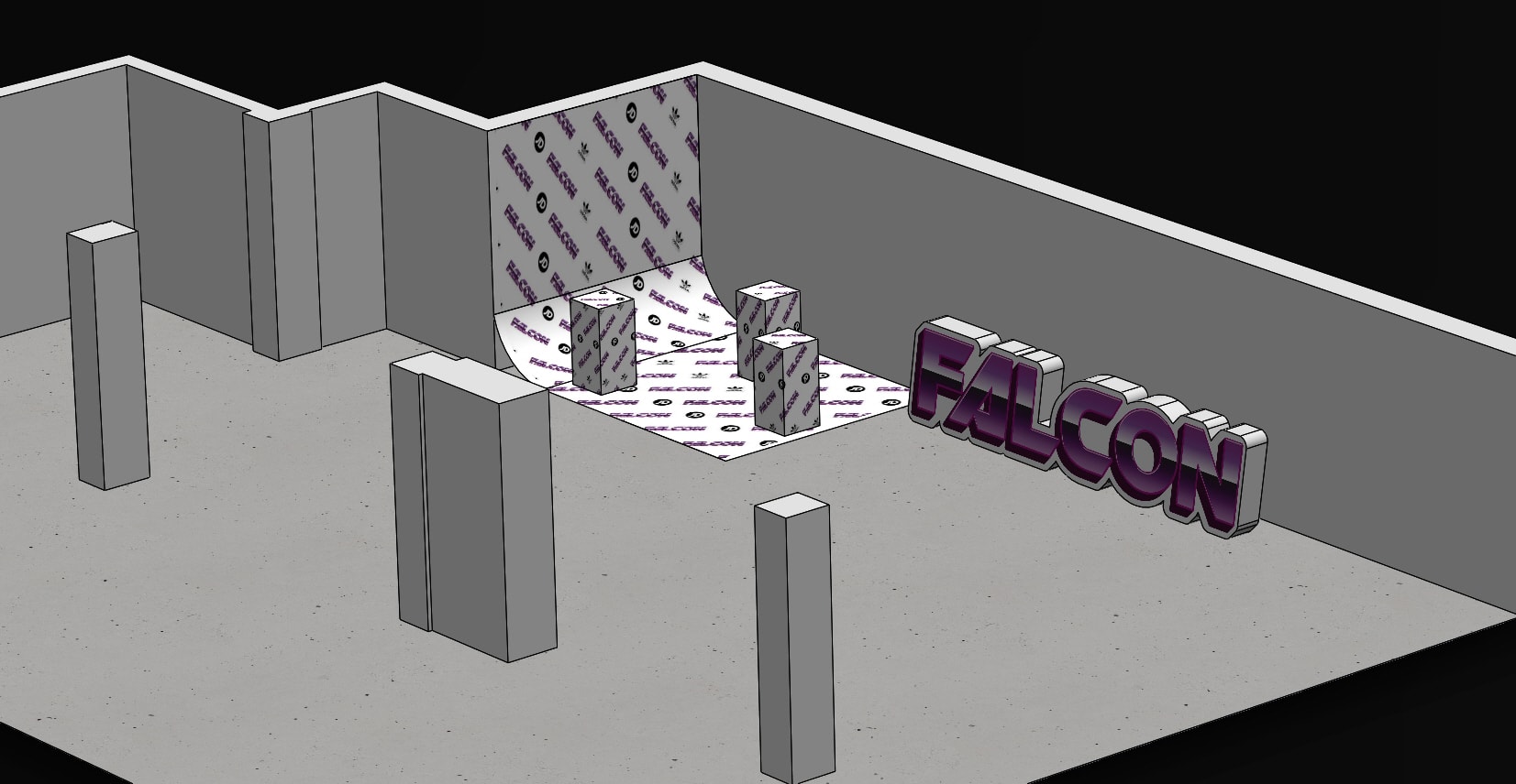 3D concept render of an interior exhibition space showing large purple 'FALCON' 3D letters, branded backdrop and plinths for display. Suitable for design presentations and event planning.