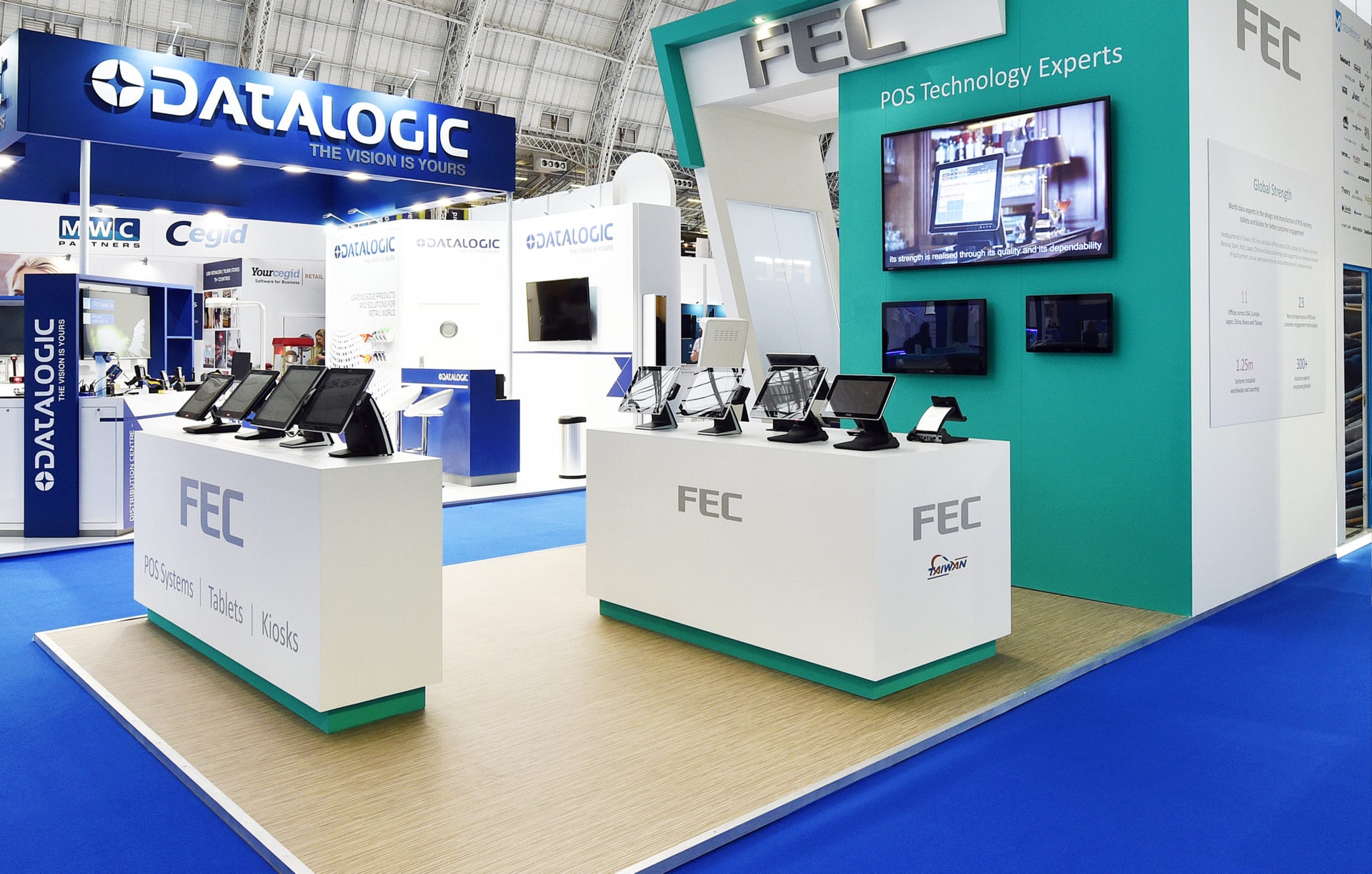 Clean, modern trade show exhibition stand displaying FEC POS systems and branded graphics, suitable for events and POS marketing.