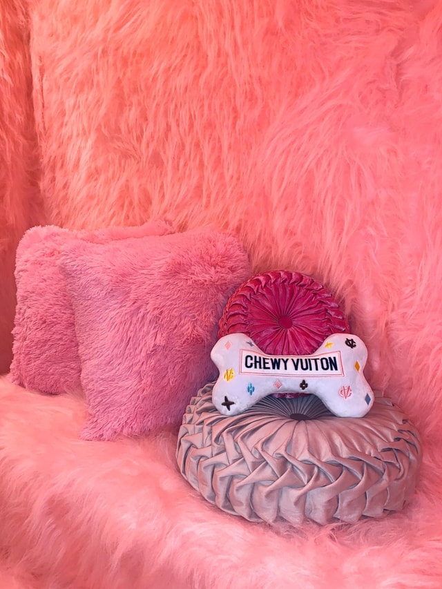 Pink plush-themed retail display with decorative cushions and a novelty Chewy Vuiton dog-bone cushion, styled for boutique or pop-up shop merchandising.